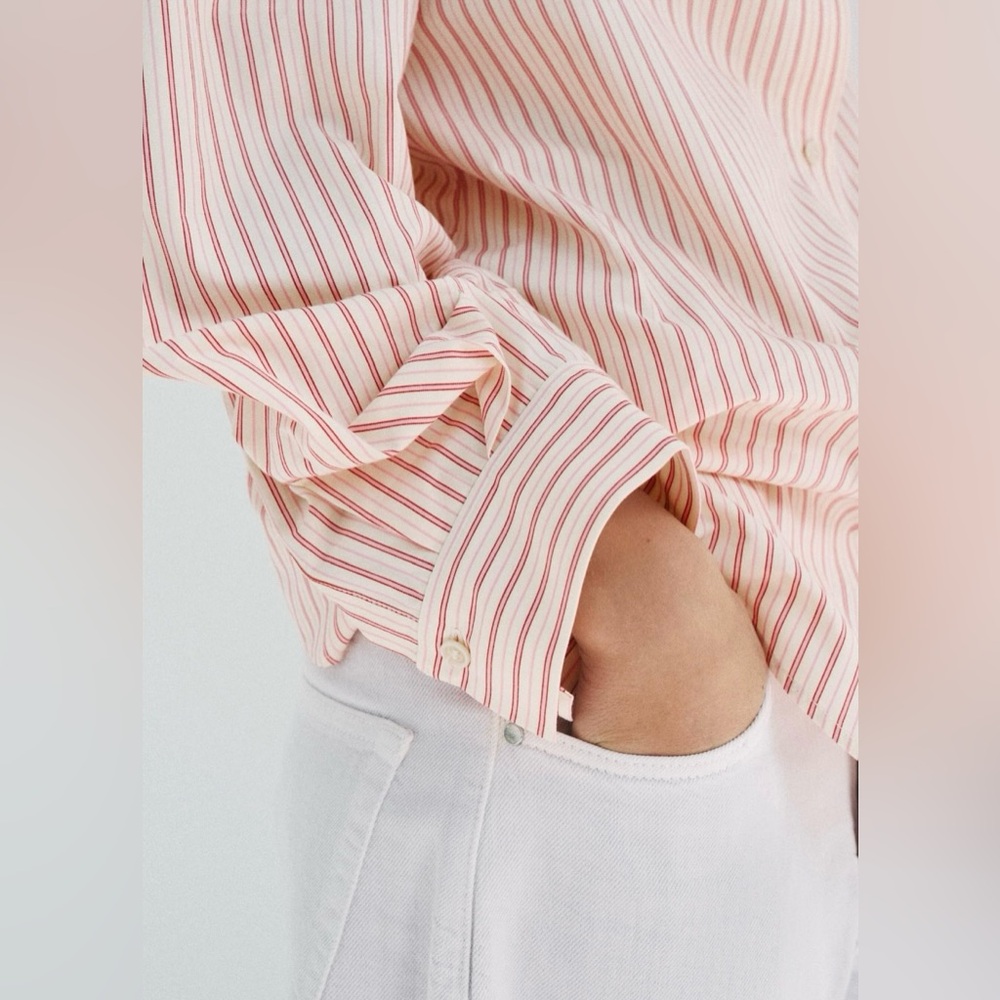Zara Pink & Red Striped Cotton Button-Up Blouse | L | Shorter in Back | NWT - Picture 6 of 11